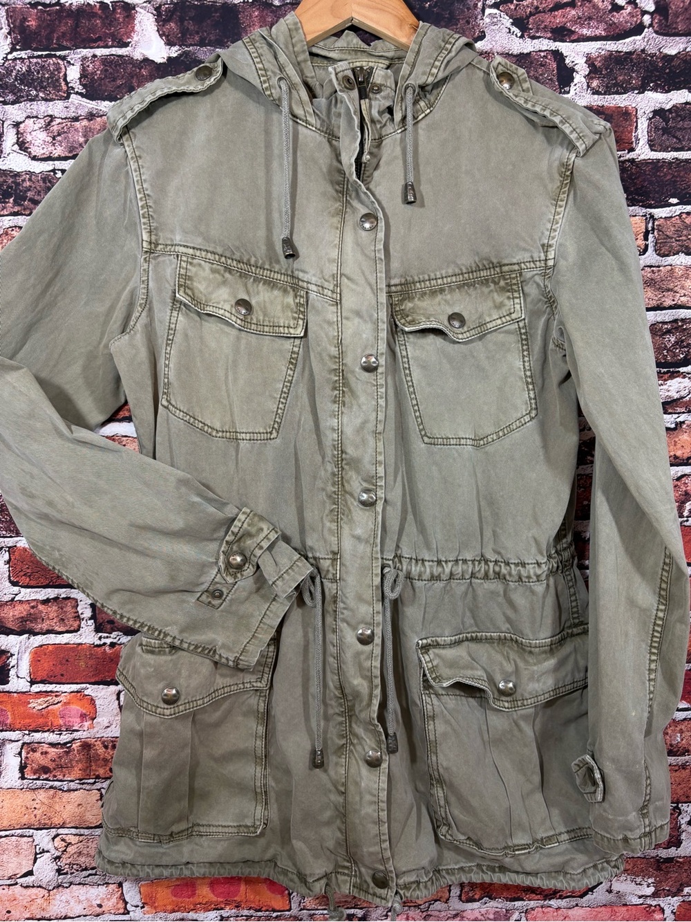 Talula Light Olive Utility Military Hip Relaxed Hooded Jacket 100% Cotton Small